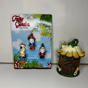 Fairy Crossing Garden Fairies Tiny Gnomes 3pc Flower Cottage Mushrooms NWT